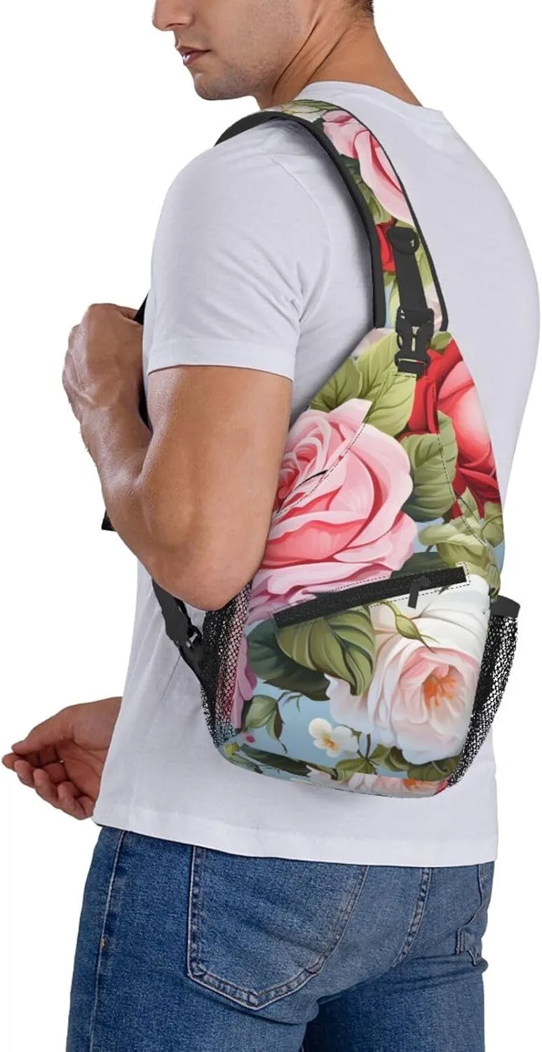 Roses Floral Sling Bag Crossbody Bag for Men Women, Daypack Chest Backpack Shoulder Bag for Travle Hiking