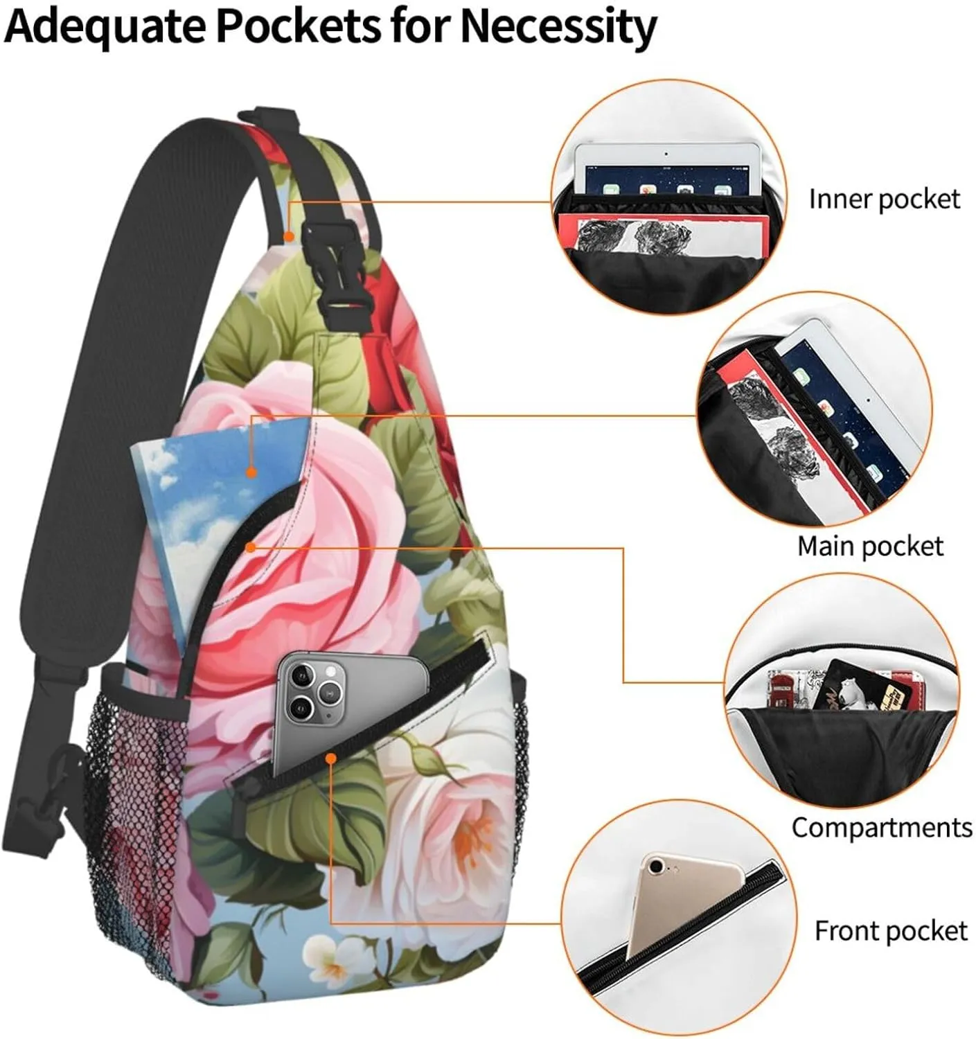 Roses Floral Sling Bag Crossbody Bag for Men Women, Daypack Chest Backpack Shoulder Bag for Travle Hiking