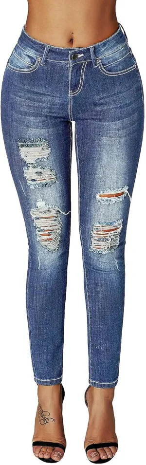 roswear Women's Essentials Ripped Mid Rise Destroyed Skinny Jeans