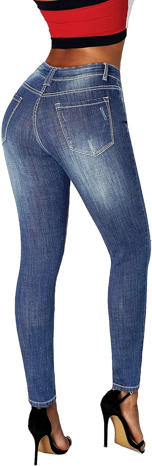 roswear Women's Essentials Ripped Mid Rise Destroyed Skinny Jeans