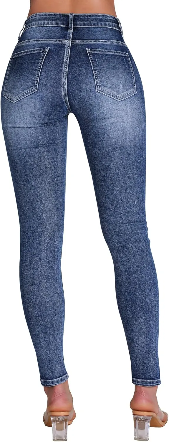 roswear Women's Essentials Ripped Mid Rise Destroyed Skinny Jeans
