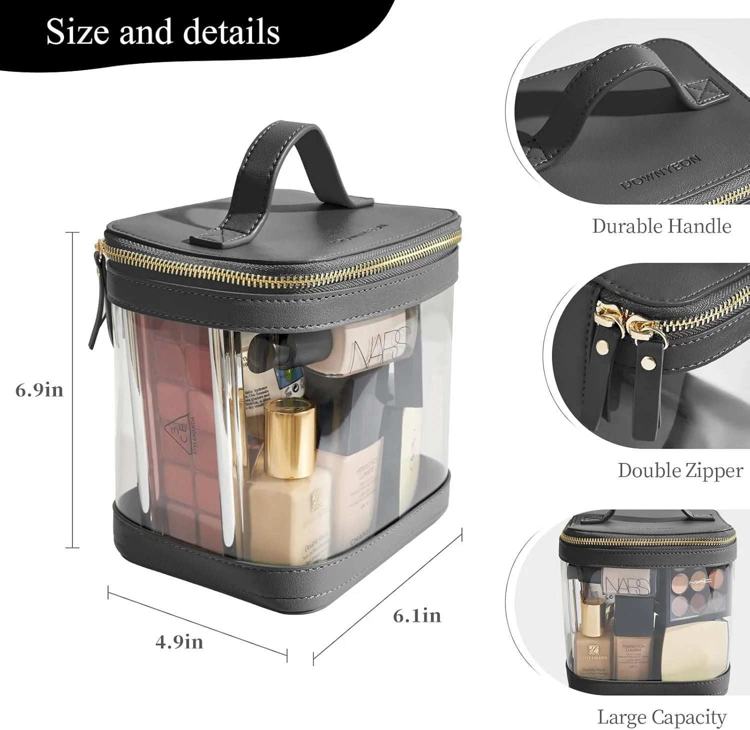 ROWNYEON Large CLear Travel Makeup Bag for Women，Transparent Cosmetic Bag with Handle，Portable Makeup Case Organizer，Waterproof Toiletry Organizer Train Case