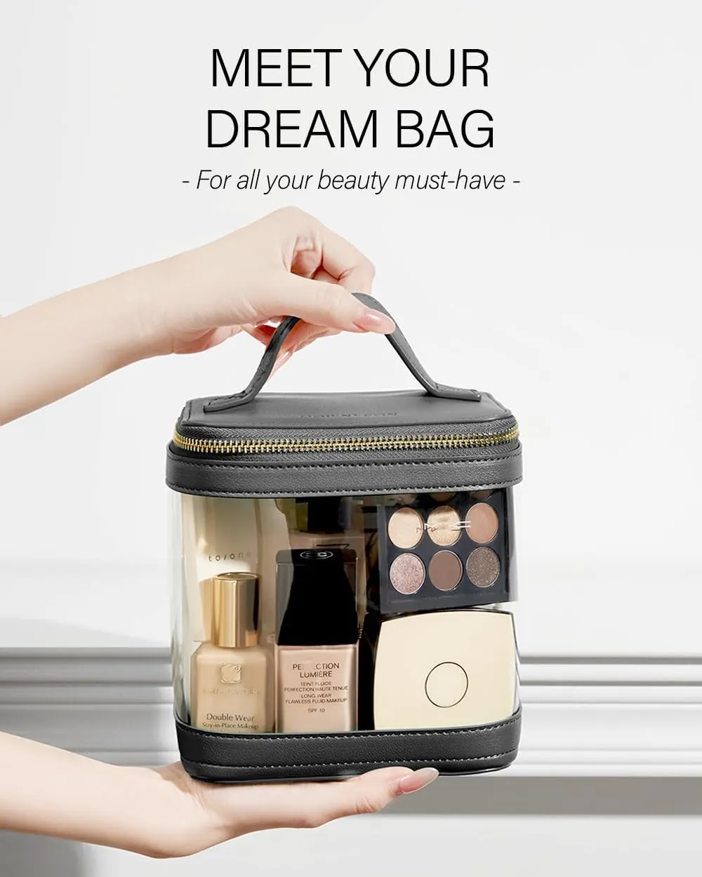 ROWNYEON Large CLear Travel Makeup Bag for Women，Transparent Cosmetic Bag with Handle，Portable Makeup Case Organizer，Waterproof Toiletry Organizer Train Case