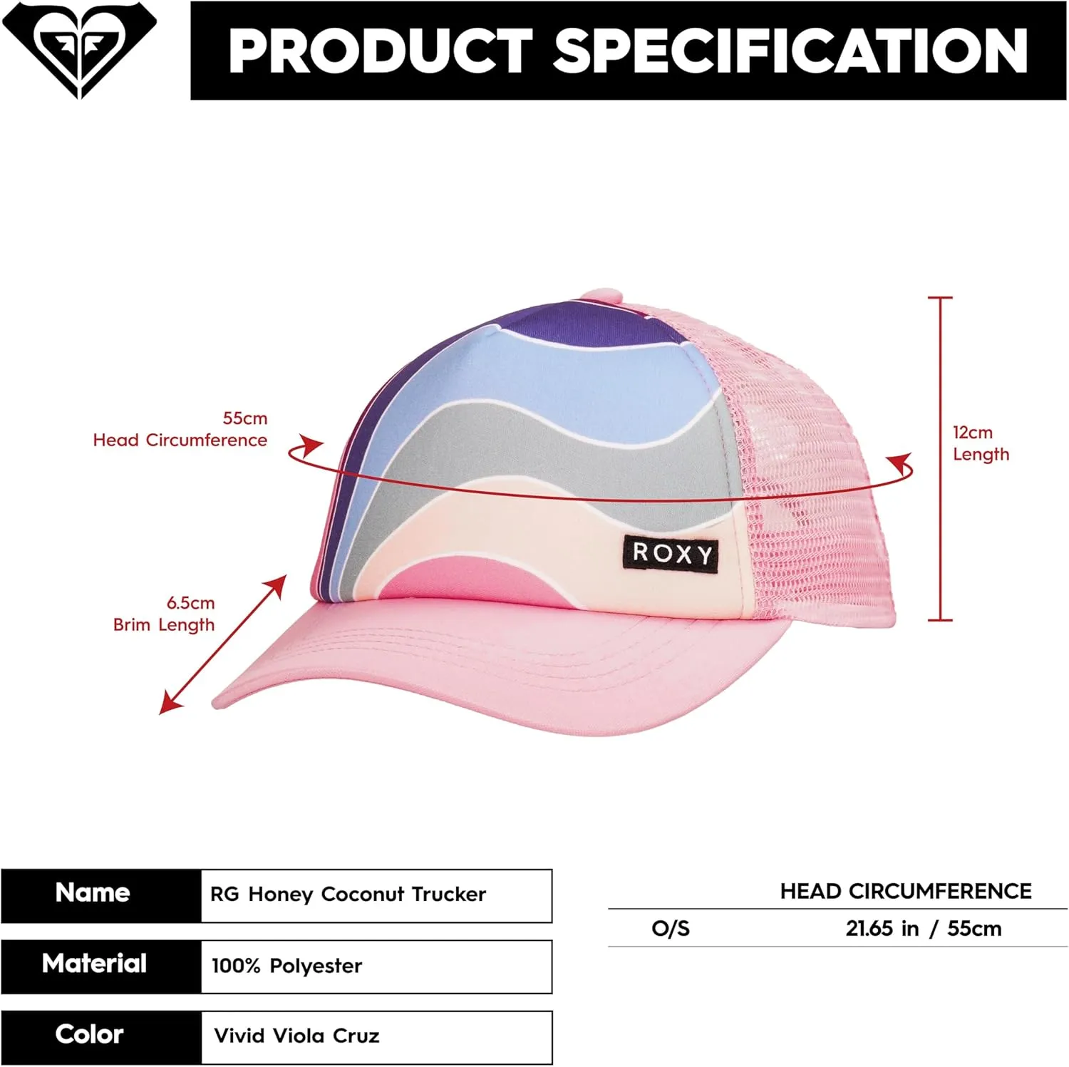 Roxy Girls' Honey Coconut Trucker Hat - Breathable Mesh Snapback, Curved Visor