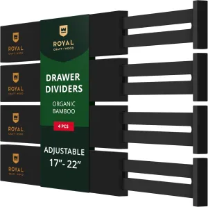 ROYAL CRAFT WOOD Adjustable Bamboo Drawer Dividers – Expandable Organizer for Kitchen, Bedroom, Bathroom, Dresser & Office – 4-Pack Wooden Separators with Soft Foam Ends, 17-22", Black