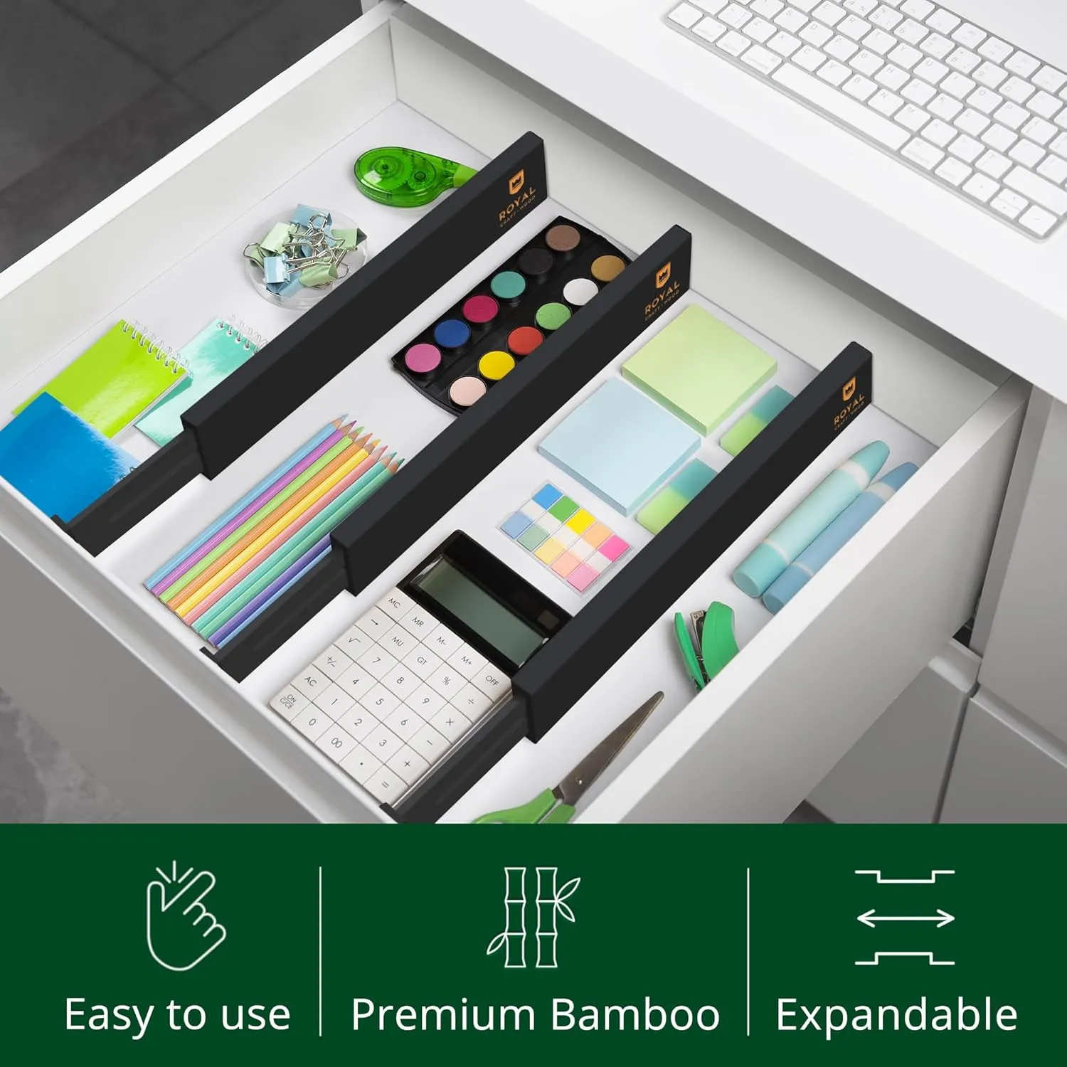 ROYAL CRAFT WOOD Adjustable Bamboo Drawer Dividers – Expandable Organizer for Kitchen, Bedroom, Bathroom, Dresser & Office – 4-Pack Wooden Separators with Soft Foam Ends, 17-22", Black