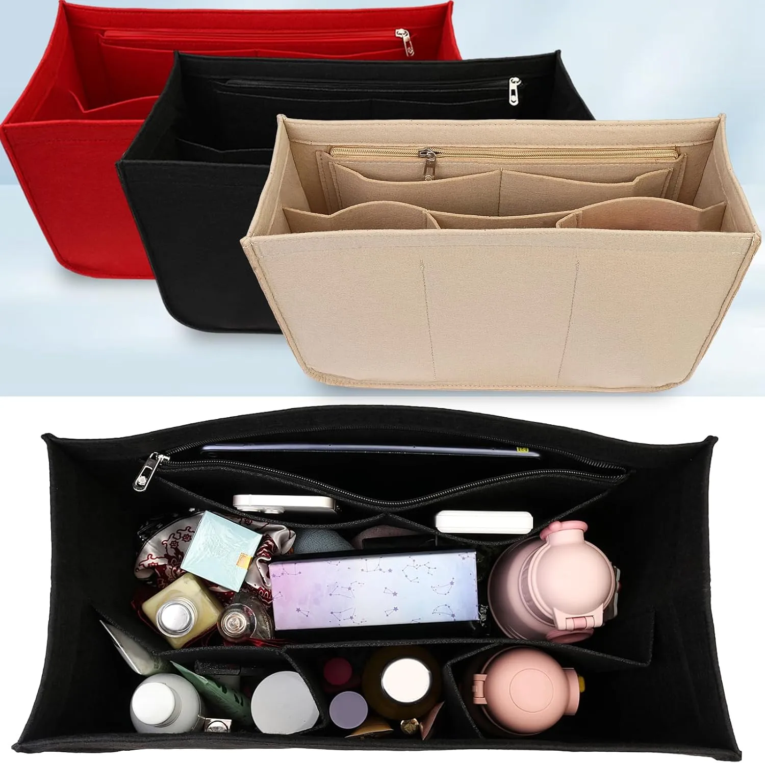 Rubber Beach Bag Organizer Compatible with Bogg Bag Tote & Simply Southern Tote,Felt Bag Organizer,Insert Divider Pouch Zipper for Bags,7 Pocekets,Black - Small