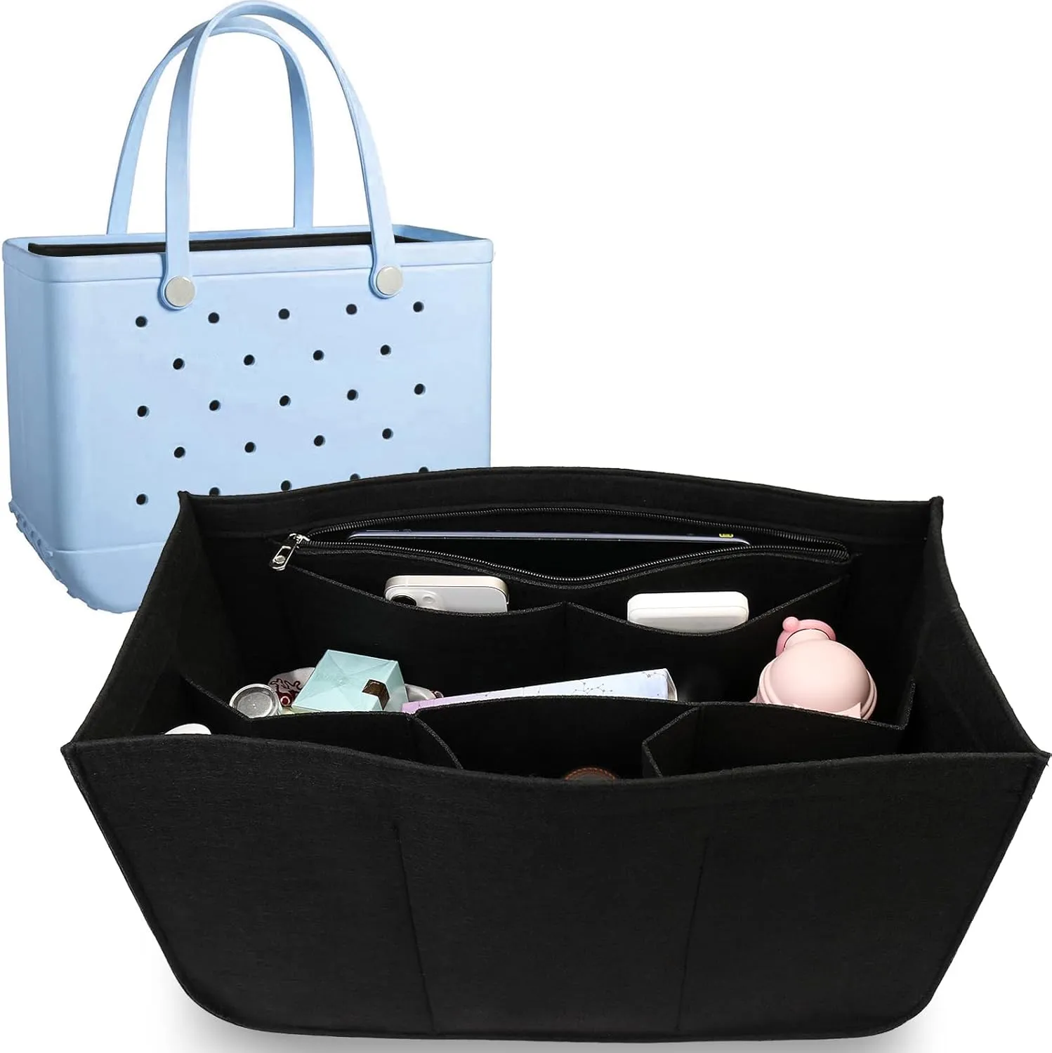 Rubber Beach Bag Organizer Compatible with Bogg Bag Tote & Simply Southern Tote,Felt Bag Organizer,Insert Divider Pouch Zipper for Bags,7 Pocekets,Black - Small