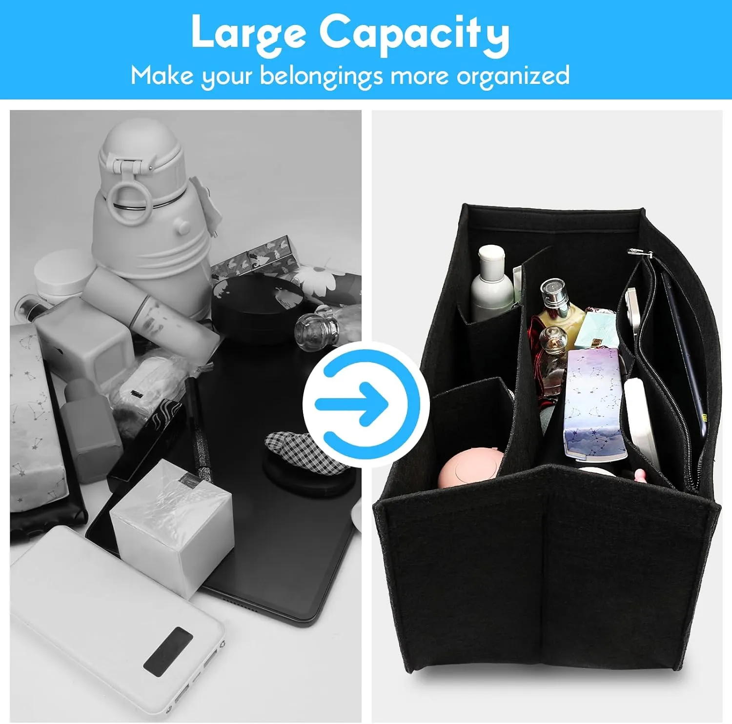 Rubber Beach Bag Organizer Compatible with Bogg Bag Tote & Simply Southern Tote,Felt Bag Organizer,Insert Divider Pouch Zipper for Bags,7 Pocekets,Black - Small