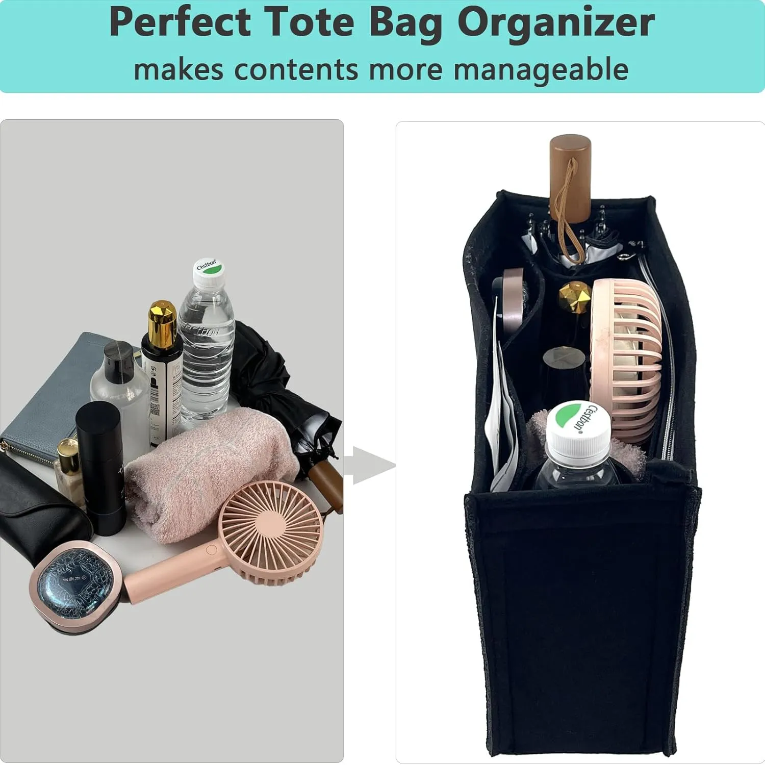 Rubber Beach Bag Organizer Liner for Small Bogg Bag/Simply Southern, Felt Insert Divider with Zippered Storage for Bogg Bag Accessories (Small Black)