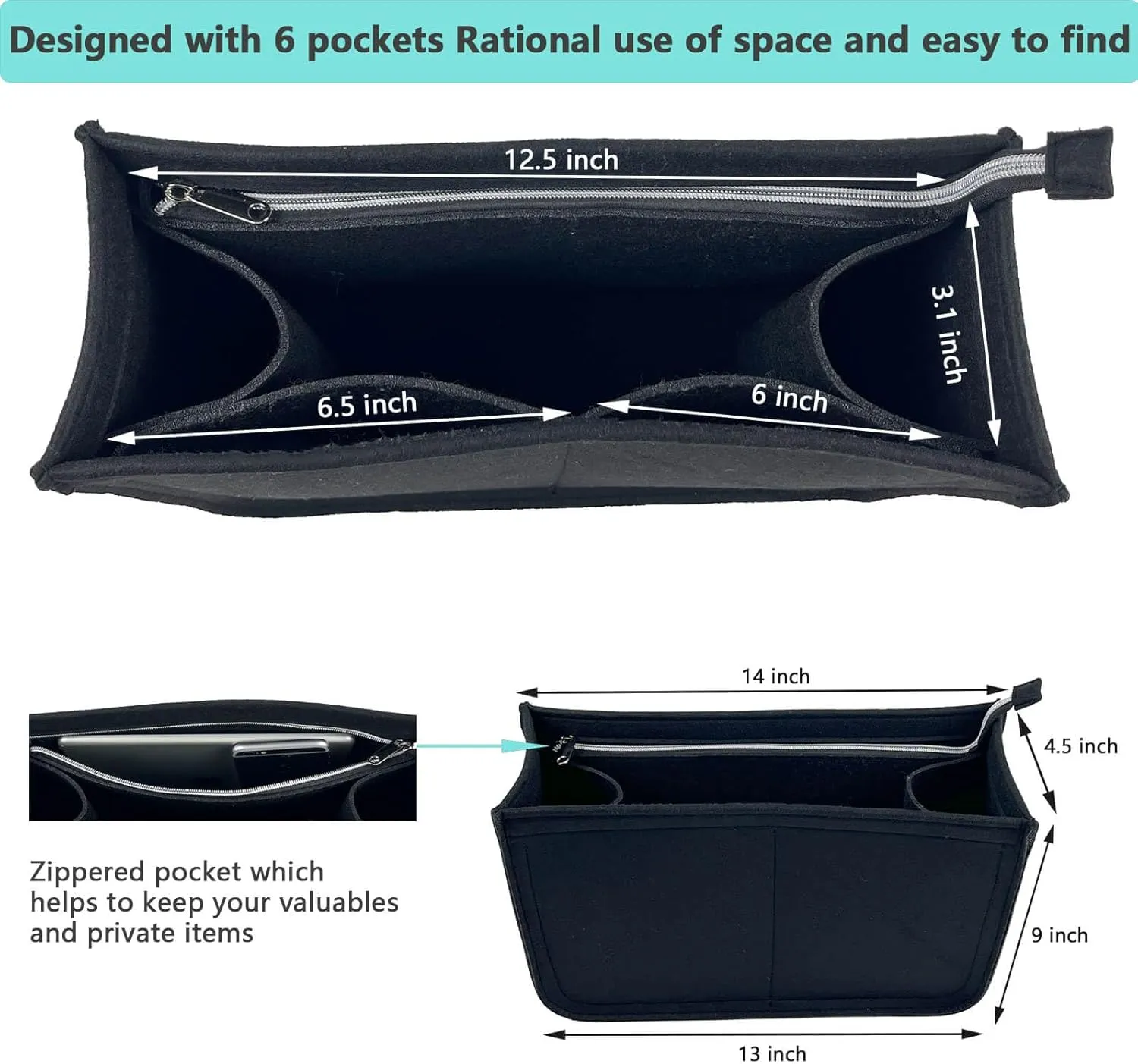 Rubber Beach Bag Organizer Liner for Small Bogg Bag/Simply Southern, Felt Insert Divider with Zippered Storage for Bogg Bag Accessories (Small Black)
