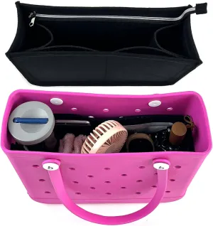 Rubber Beach Bag Organizer Liner for Small Bogg Bag/Simply Southern, Felt Insert Divider with Zippered Storage for Bogg Bag Accessories (Small Black)