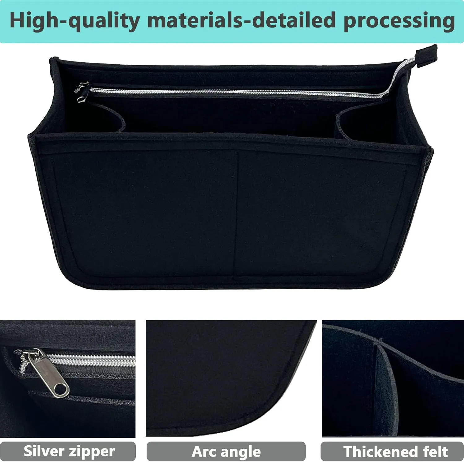Rubber Beach Bag Organizer Liner for Small Bogg Bag/Simply Southern, Felt Insert Divider with Zippered Storage for Bogg Bag Accessories (Small Black)
