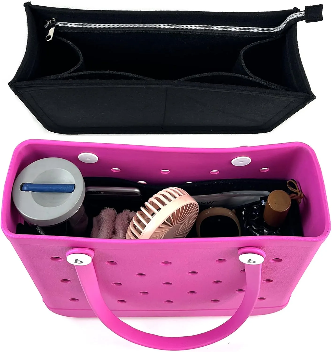 Rubber Beach Bag Organizer Liner for Small Bogg Bag/Simply Southern, Felt Insert Divider with Zippered Storage for Bogg Bag Accessories (Small Black)