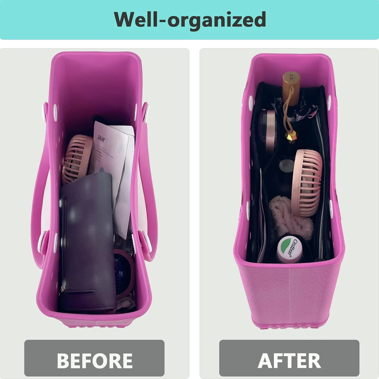 Rubber Beach Bag Organizer Liner for Small Bogg Bag/Simply Southern, Felt Insert Divider with Zippered Storage for Bogg Bag Accessories (Small Black)