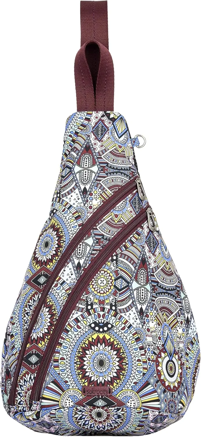 Sakroots On The Go Sling Backpack in Eco Twill, Adjustable Sling Strap, Cabernet Wanderlust