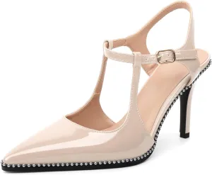 SAMMITOP Womens High Heels Ankle Strap Pointed Toe Stilettos Patent Leather Beaded Pumps Dress Shoes 3.5 Inch