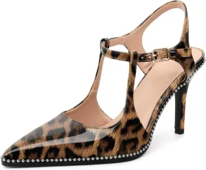 SAMMITOP Womens High Heels Ankle Strap Pointed Toe Stilettos Patent Leather Beaded Pumps Dress Shoes 3.5 Inch