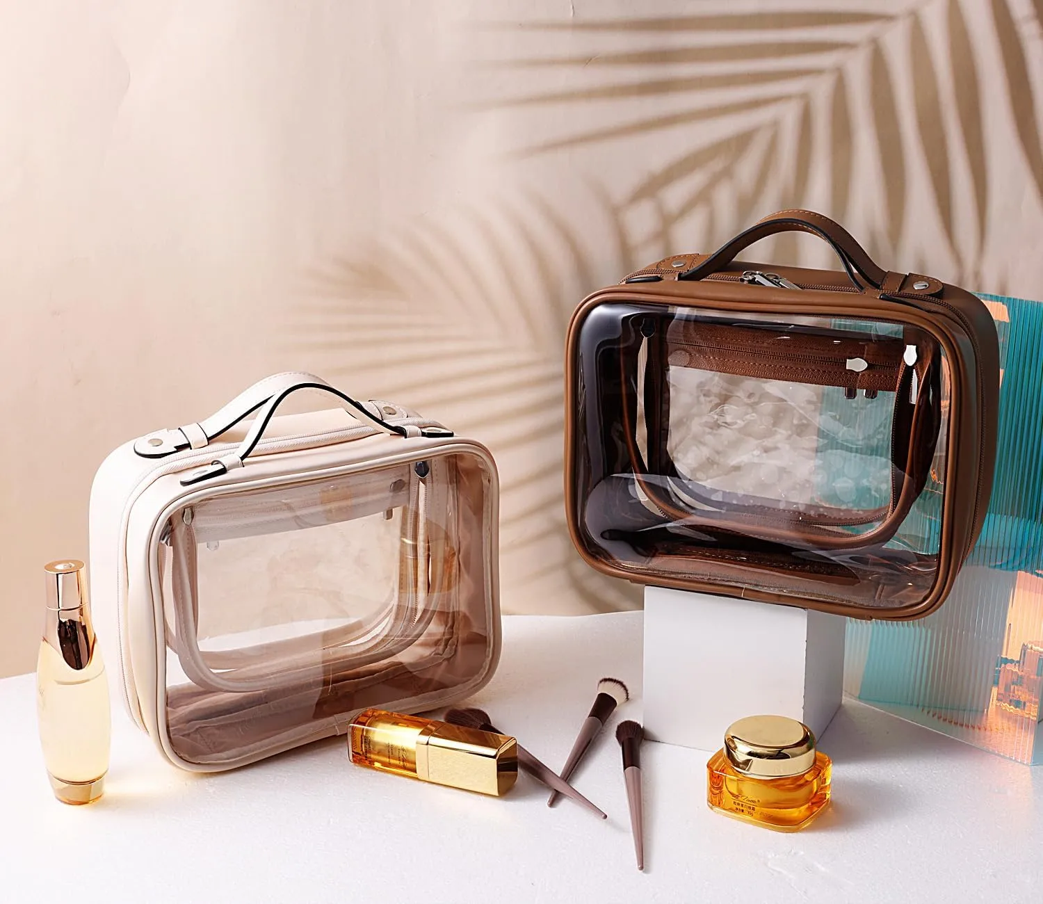 SANHECUN traveling toiletry Case large clear cosmetics case makeup bag Dimensions | LxWxH:10” x 4.5” x 8”(Brown, Medium)