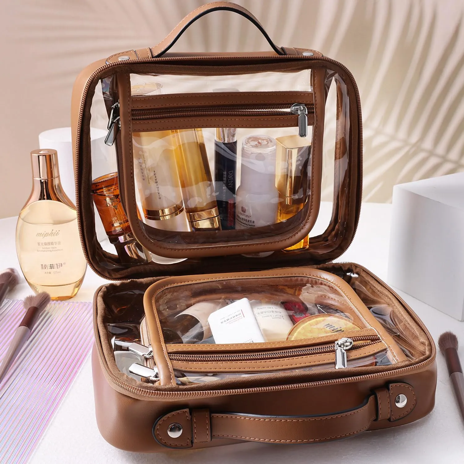 SANHECUN traveling toiletry Case large clear cosmetics case makeup bag Dimensions | LxWxH:10” x 4.5” x 8”(Brown, Medium)