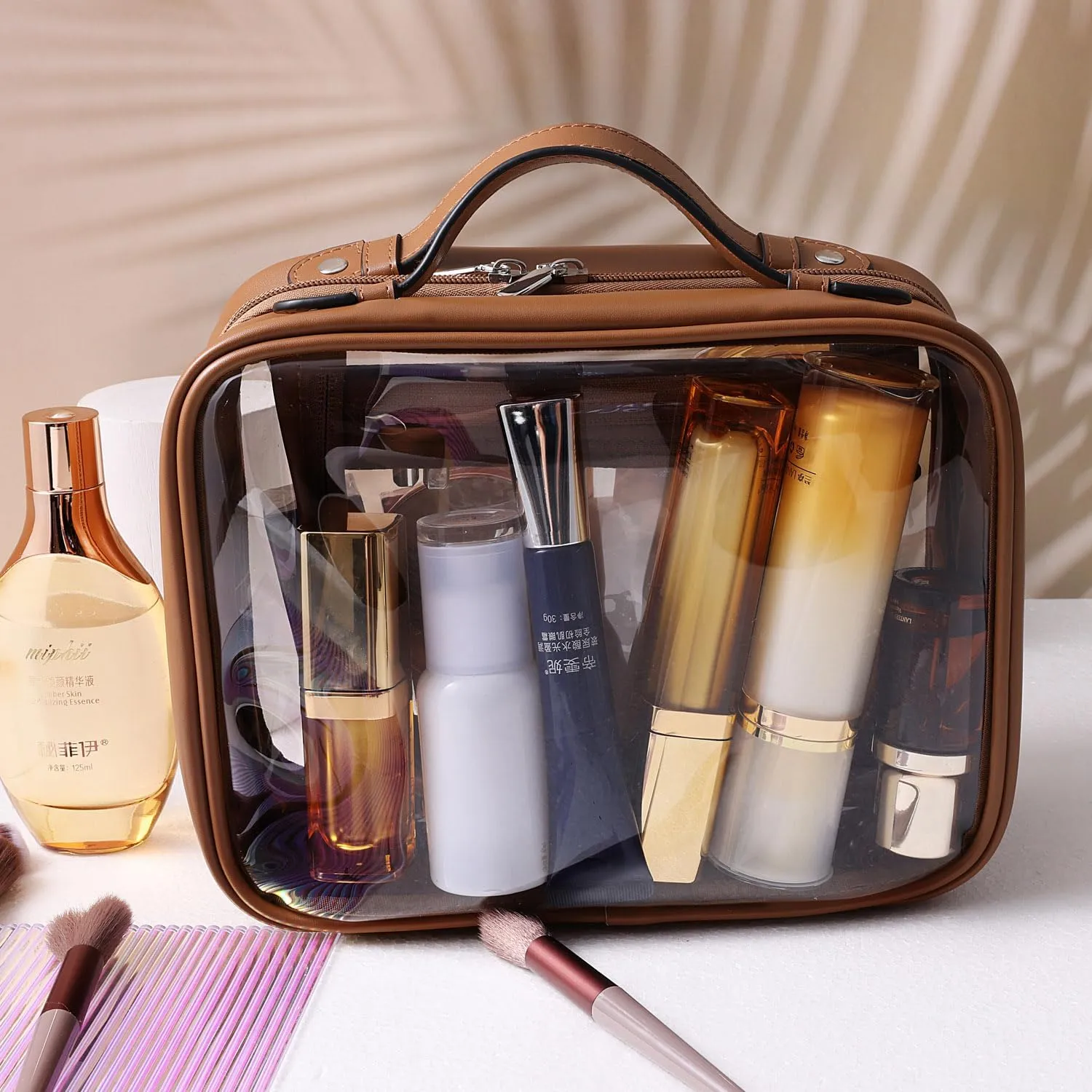 SANHECUN traveling toiletry Case large clear cosmetics case makeup bag Dimensions | LxWxH:10” x 4.5” x 8”(Brown, Medium)