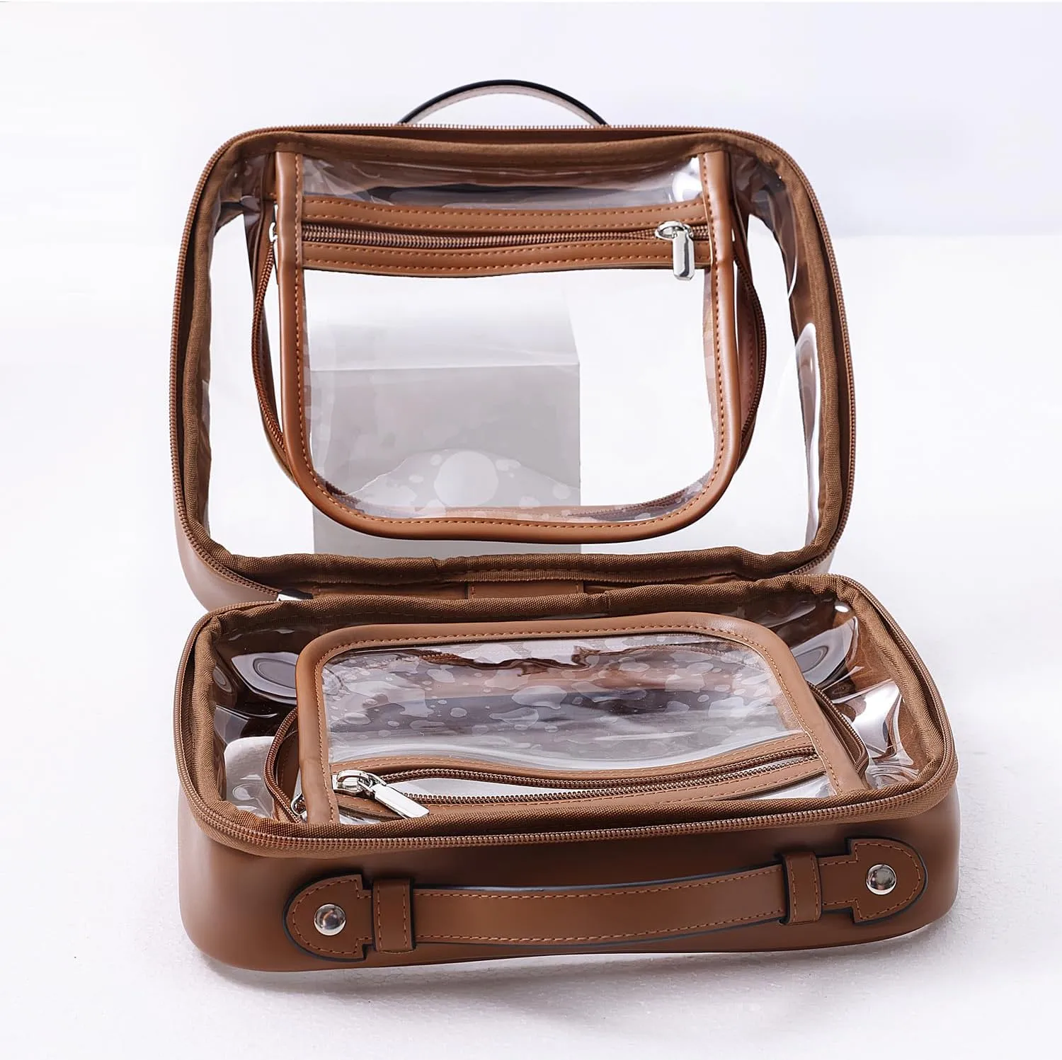 SANHECUN traveling toiletry Case large clear cosmetics case makeup bag Dimensions | LxWxH:10” x 4.5” x 8”(Brown, Medium)