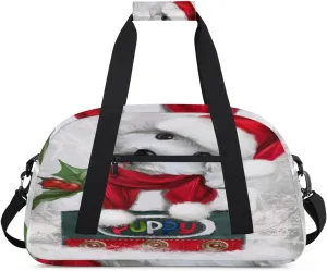 Santa Hat Gym Duffel Bag for Men Women Cute Puppy Sports Tote Bag with Adjustable Shoulder Strap for Dance Gymnastics Traveling Outdoor Camping Overnight Stay