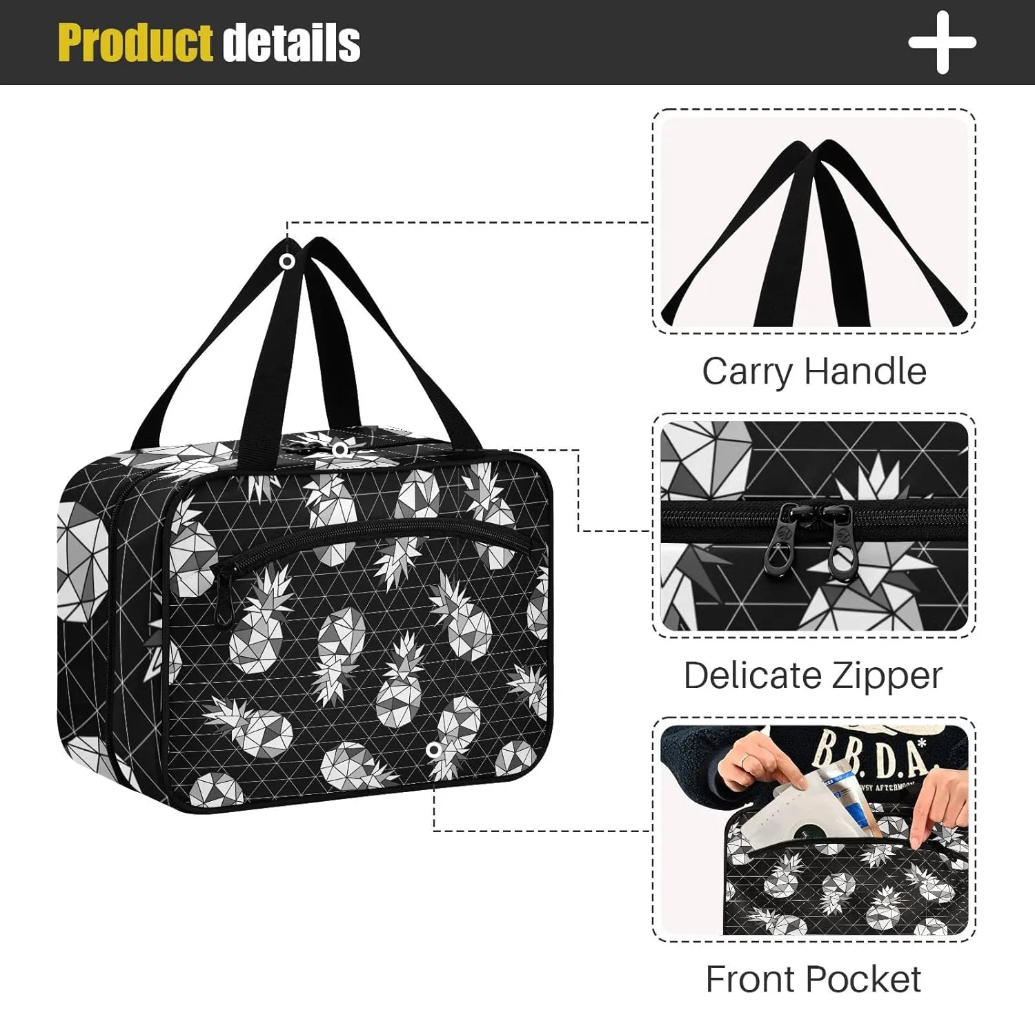 Seamless Black White Geometric Pineapple on Dark Rhombus Lozenge 1 PC Hanging Travel Wash bag with Handles, Portable Makeup Organizer Brush Storage Case Portable Travel Cosmetic with Hook M