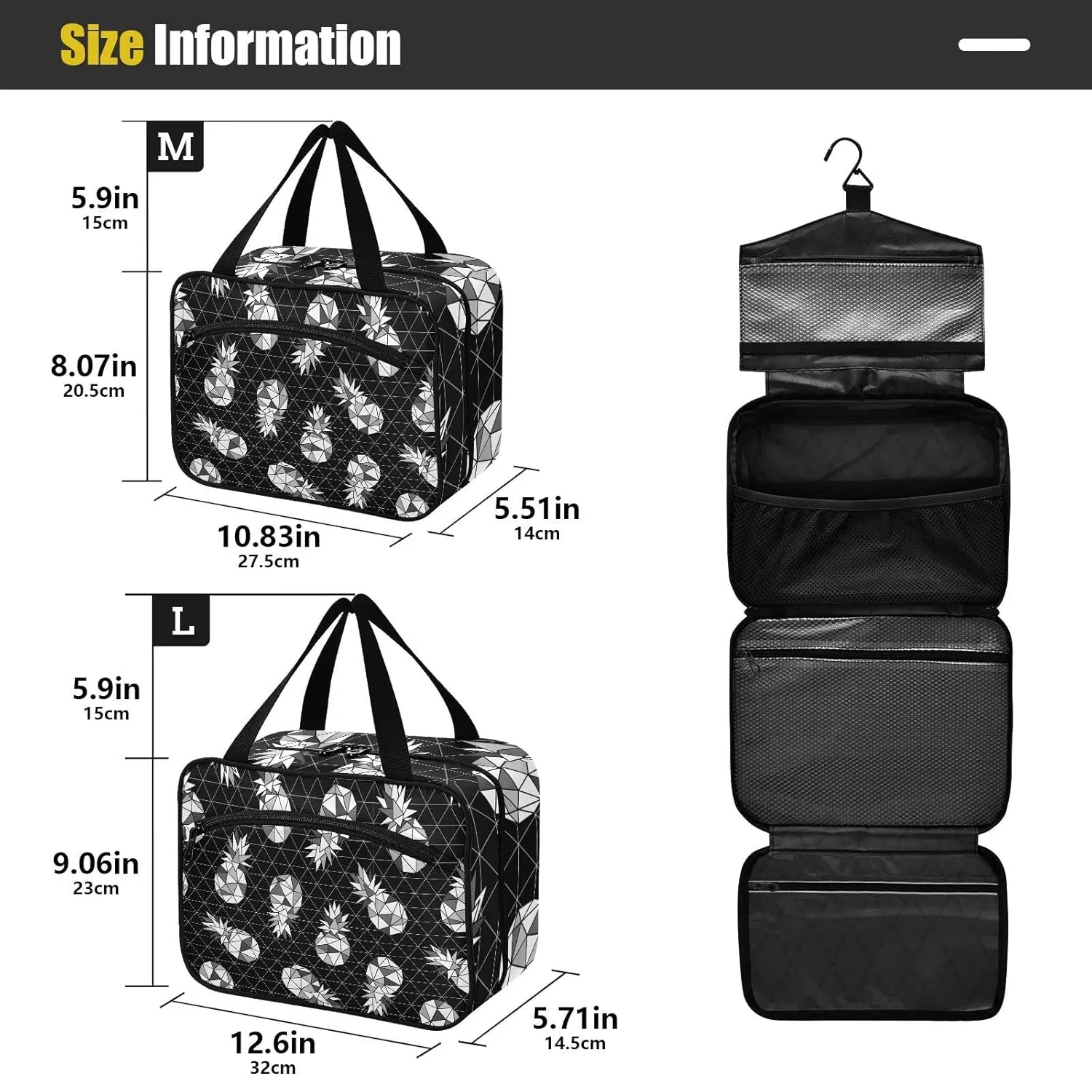 Seamless Black White Geometric Pineapple on Dark Rhombus Lozenge 1 PC Hanging Travel Wash bag with Handles, Portable Makeup Organizer Brush Storage Case Portable Travel Cosmetic with Hook M