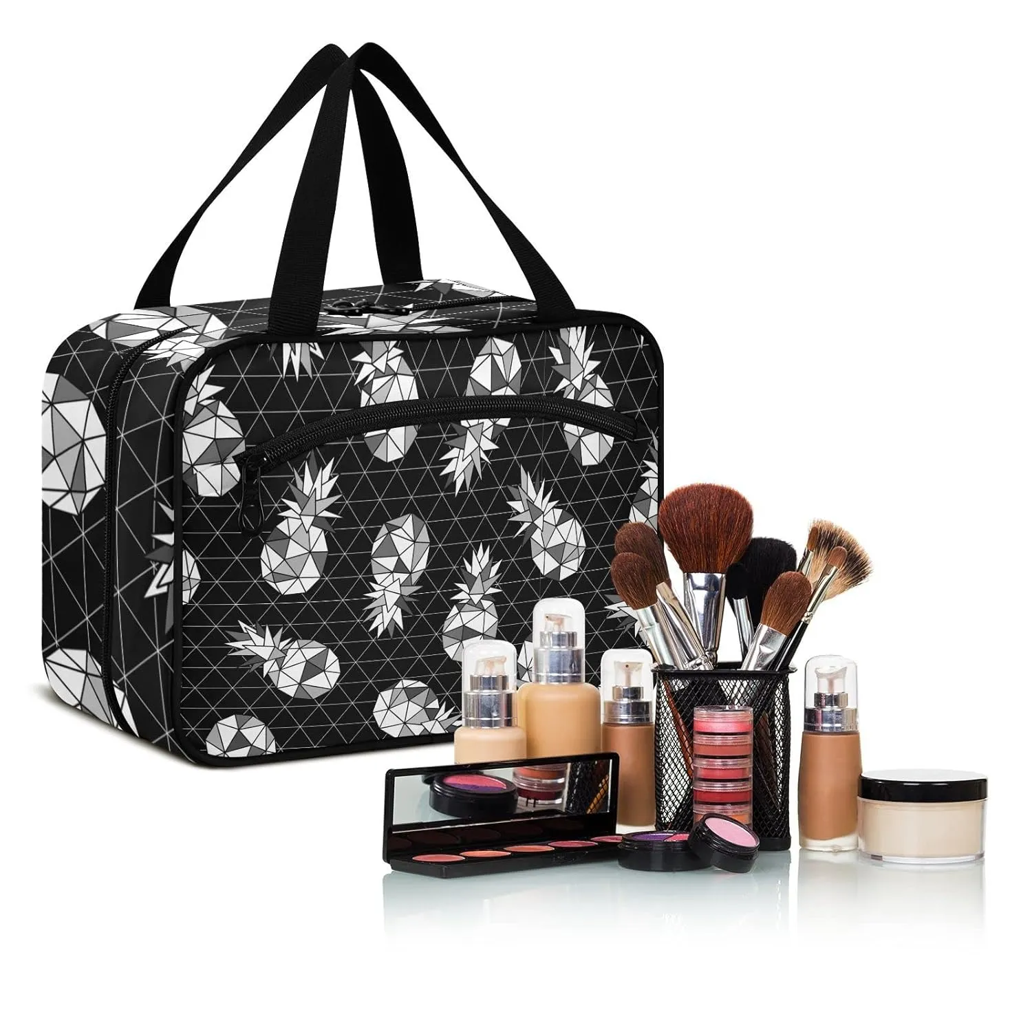 Seamless Black White Geometric Pineapple on Dark Rhombus Lozenge 1 PC Hanging Travel Wash bag with Handles, Portable Makeup Organizer Brush Storage Case Portable Travel Cosmetic with Hook M