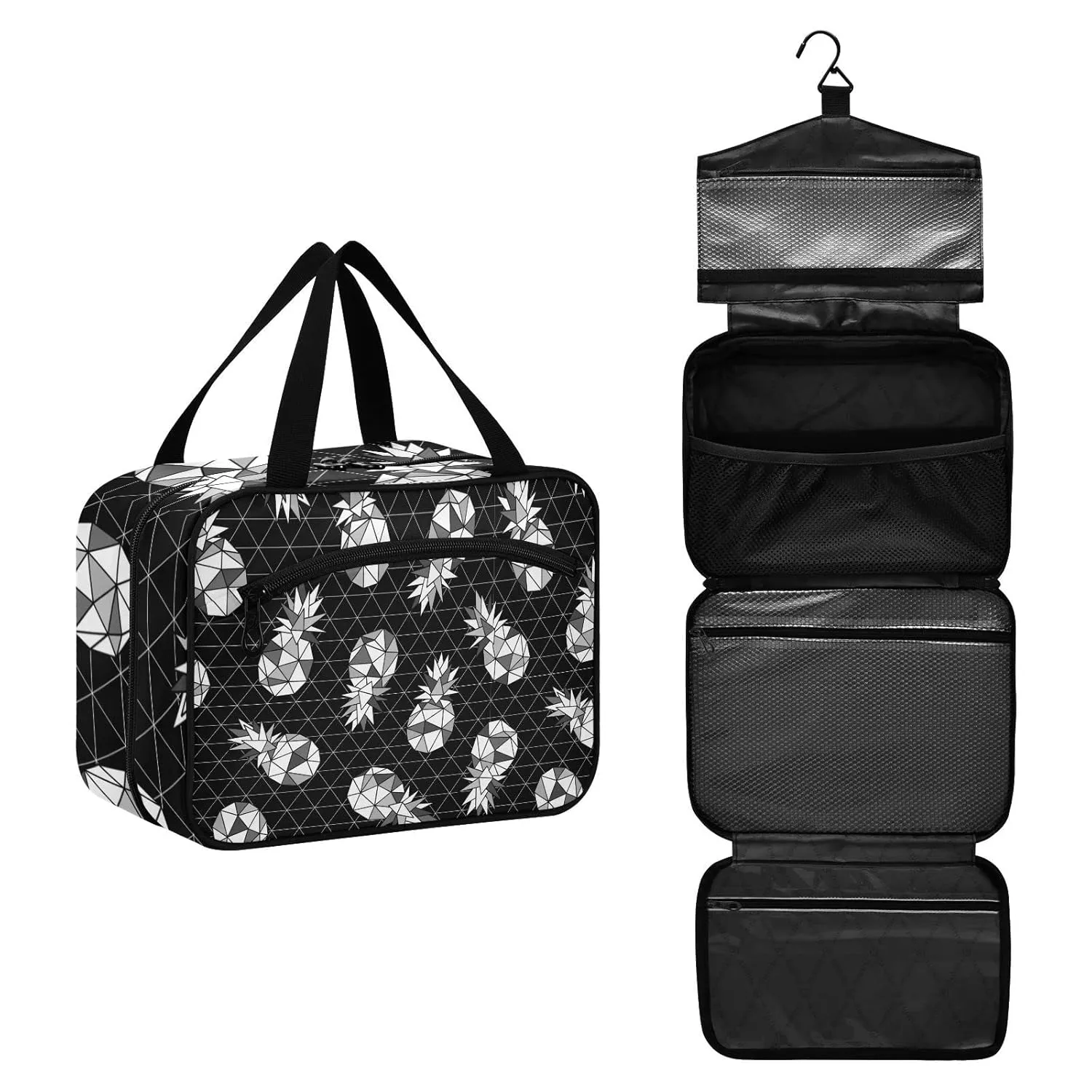 Seamless Black White Geometric Pineapple on Dark Rhombus Lozenge 1 PC Hanging Travel Wash bag with Handles, Portable Makeup Organizer Brush Storage Case Portable Travel Cosmetic with Hook M