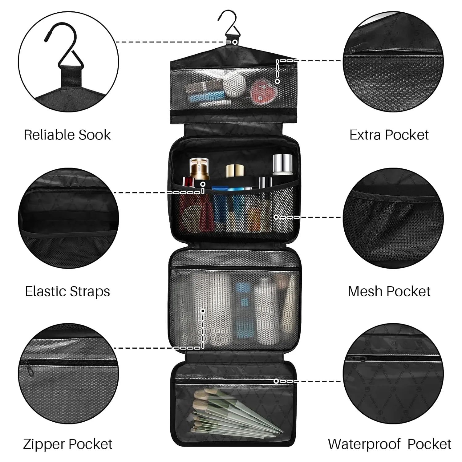 Seamless Black White Geometric Pineapple on Dark Rhombus Lozenge 1 PC Hanging Travel Wash bag with Handles, Portable Makeup Organizer Brush Storage Case Portable Travel Cosmetic with Hook M