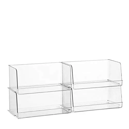 Set Of 4 Clear Pantry Organizer Bins Stackable Household Plastic Food Storage Basket with Wide Open Front for Kitchen, Countertops, Cabinets, Refrigerator, Freezer, Bedrooms, Bathrooms - 12" Wide
