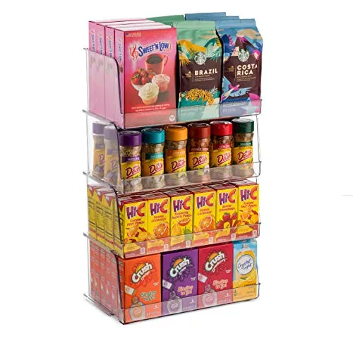 Set Of 4 Clear Pantry Organizer Bins Stackable Household Plastic Food Storage Basket with Wide Open Front for Kitchen, Countertops, Cabinets, Refrigerator, Freezer, Bedrooms, Bathrooms - 12" Wide