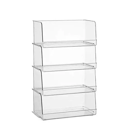 Set Of 4 Clear Pantry Organizer Bins Stackable Household Plastic Food Storage Basket with Wide Open Front for Kitchen, Countertops, Cabinets, Refrigerator, Freezer, Bedrooms, Bathrooms - 12" Wide