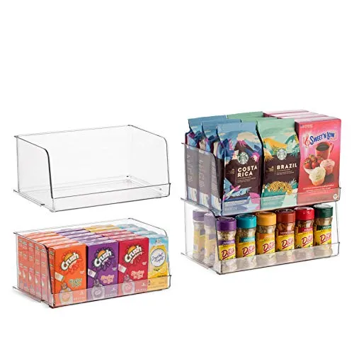 Set Of 4 Clear Pantry Organizer Bins Stackable Household Plastic Food Storage Basket with Wide Open Front for Kitchen, Countertops, Cabinets, Refrigerator, Freezer, Bedrooms, Bathrooms - 12" Wide