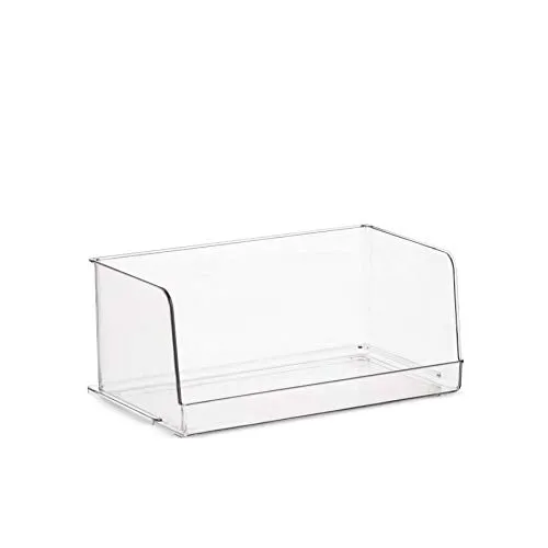 Set Of 4 Clear Pantry Organizer Bins Stackable Household Plastic Food Storage Basket with Wide Open Front for Kitchen, Countertops, Cabinets, Refrigerator, Freezer, Bedrooms, Bathrooms - 12" Wide