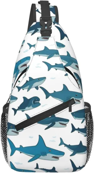 Shark Pattern With Various Gestures Men'S Casual Chest Crossbody Bag, Lightweight Durable Shoulder Sling Pack For Daily Use, Travel, And Outdoor.