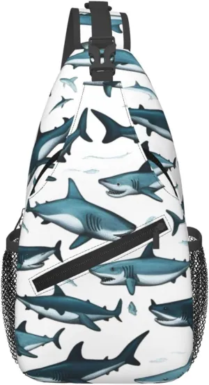 Shark Pattern With Various Gestures Men'S Casual Chest Crossbody Bag, Lightweight Durable Shoulder Sling Pack For Daily Use, Travel, And Outdoor.