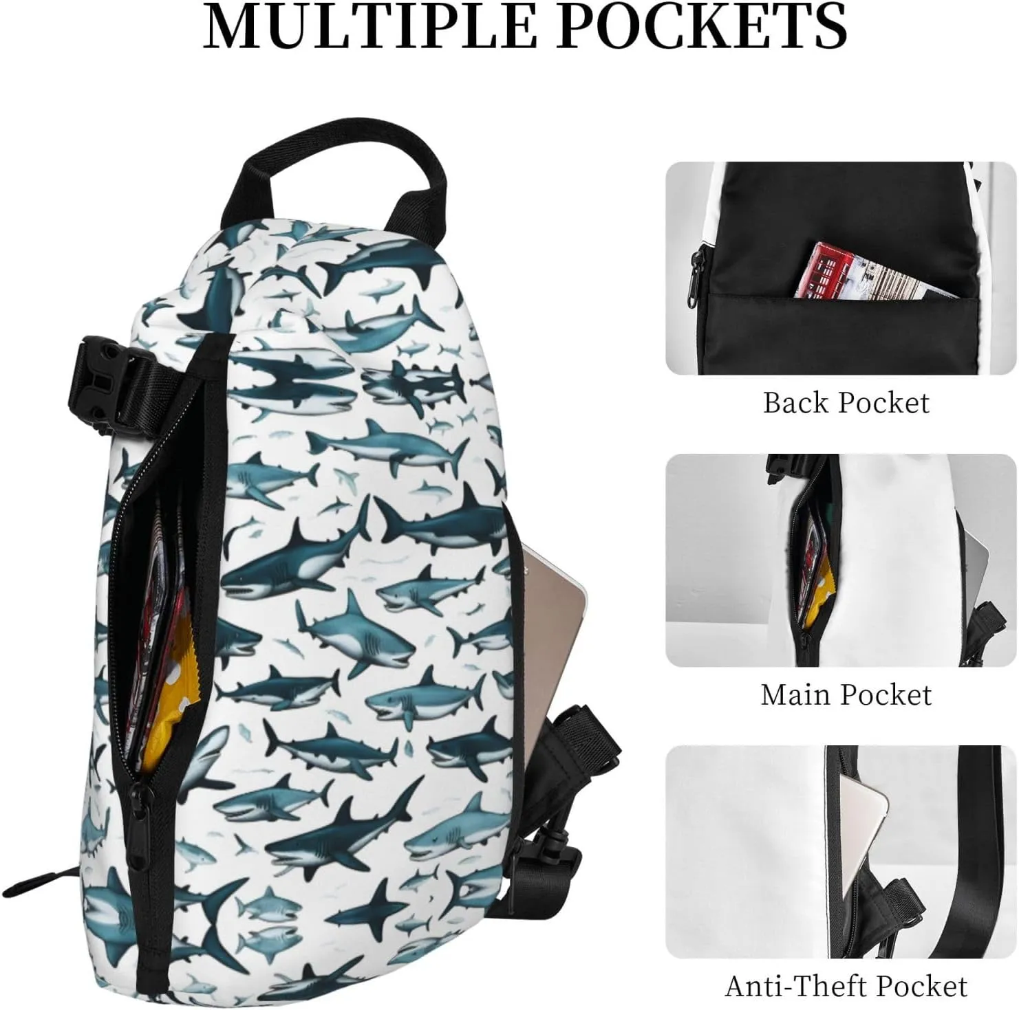 Shark Pattern With Various Gestures Print Crossbody Backpack Casual Adjustable Bag Multifunctional Sling Backpack