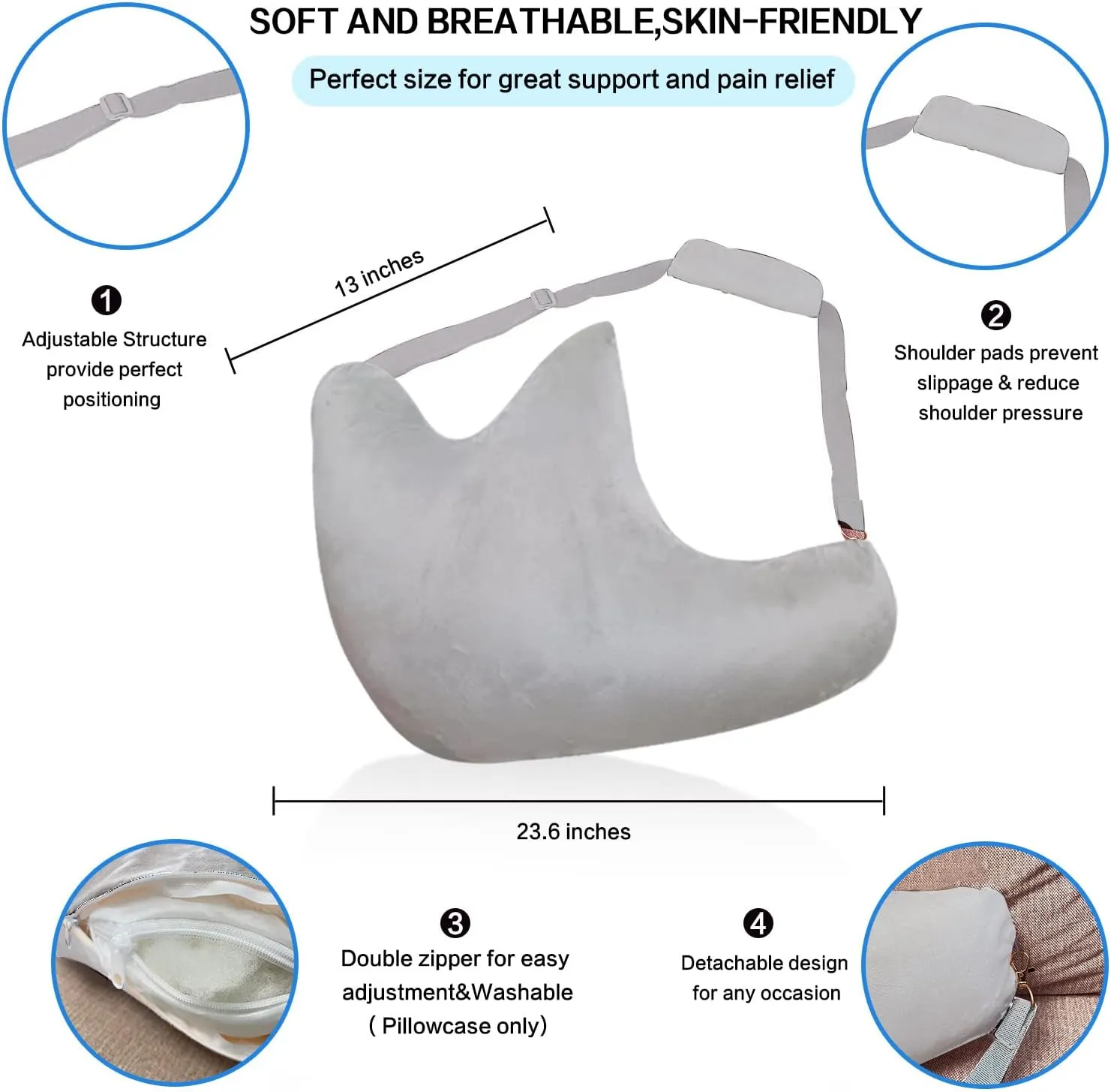 Shoulder Surgery Pillow, Ergonomic Rotator Cuff Pillow, Comfortable Post Shoulder Surgery Pillow, Adjustable Structure Provide Support, Shoulder Pain Relief, Firm and Removable(Grey)