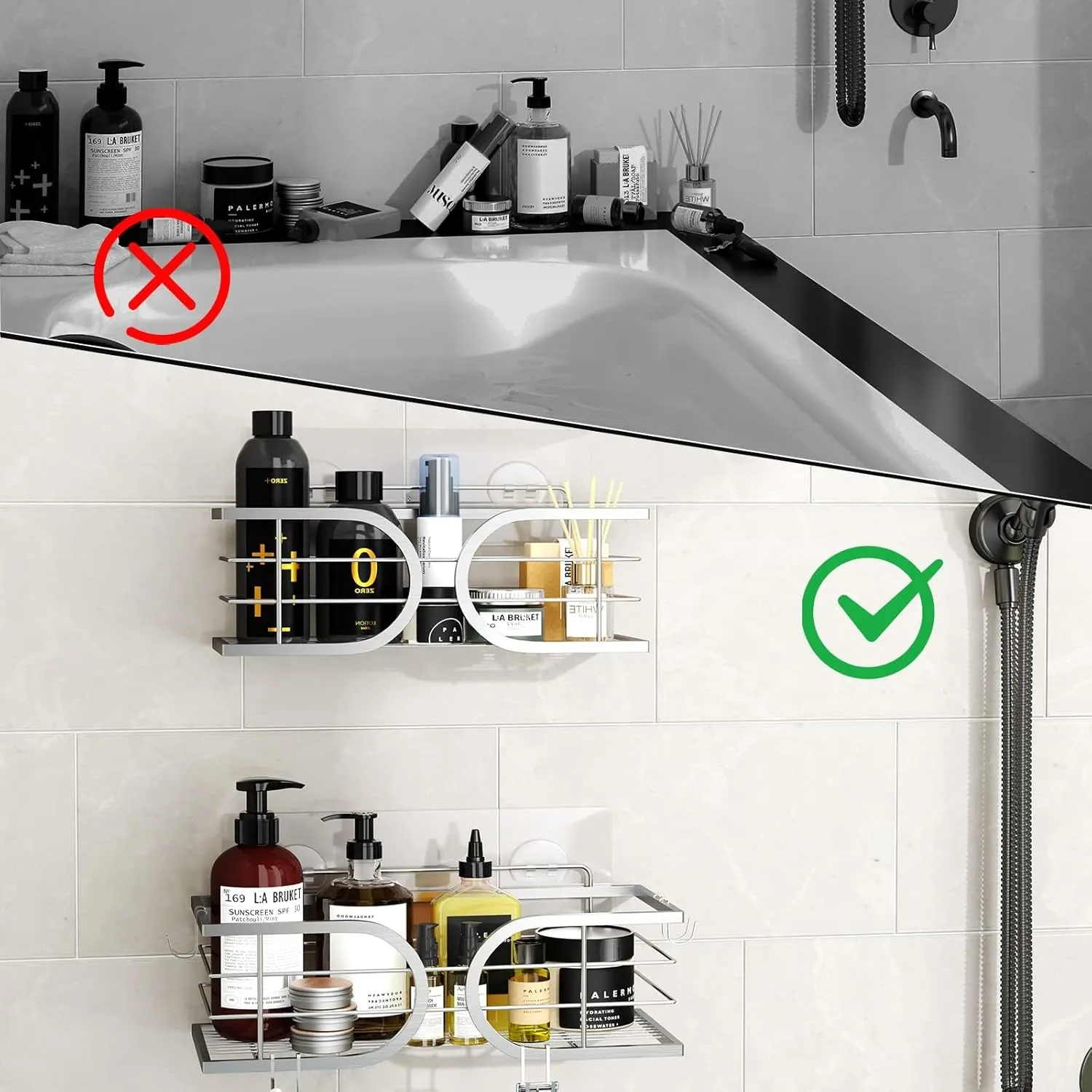 Shower Caddy No Drill Adhesive Wall Mounted SUS304 Stainless Steel Durable Large Capacity Shower Rack Organizer Quick Dry Rustproof Bathroom Storage Shelves - 2 Pack (Black)