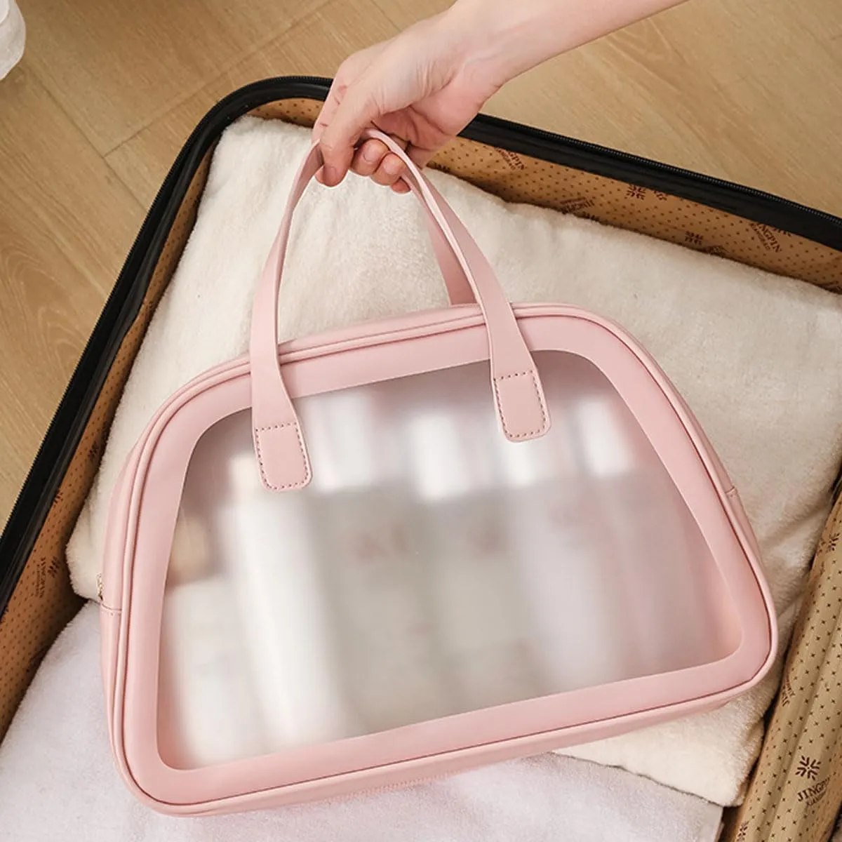 Simple and Large Capacity Dry Wet Separation Waterproof Cosmetic Bag Portable Leather Transparent Makeup Bag (Lvory Black)