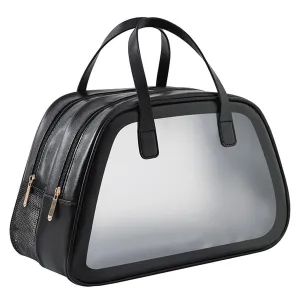 Simple and Large Capacity Dry Wet Separation Waterproof Cosmetic Bag Portable Leather Transparent Makeup Bag (Lvory Black)