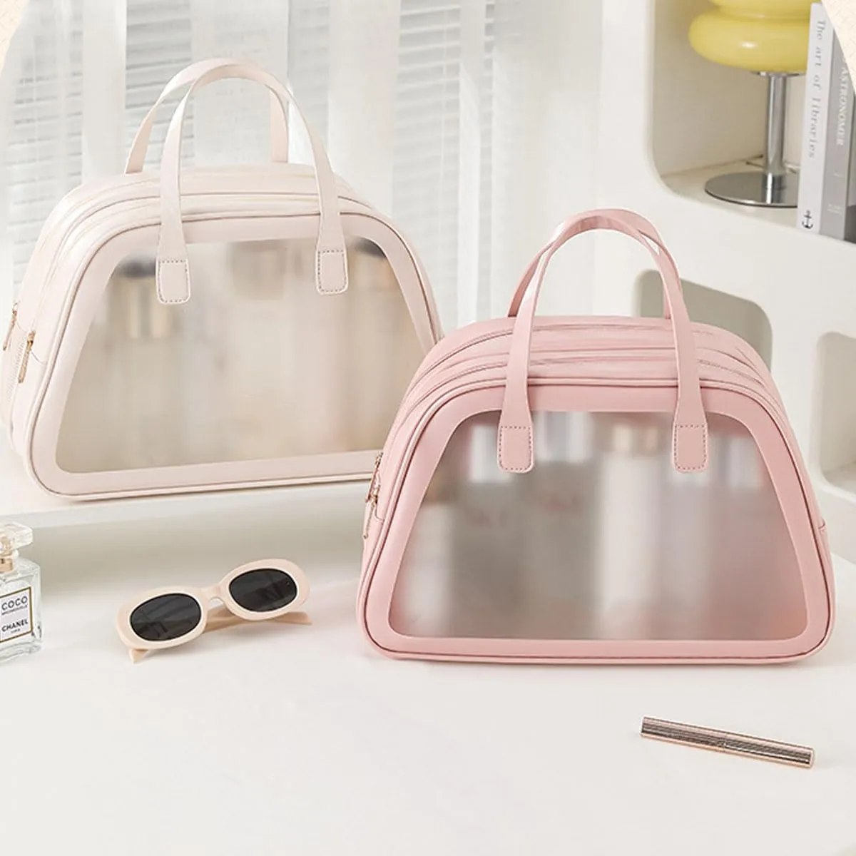 Simple and Large Capacity Dry Wet Separation Waterproof Cosmetic Bag Portable Leather Transparent Makeup Bag (Rose Pink)