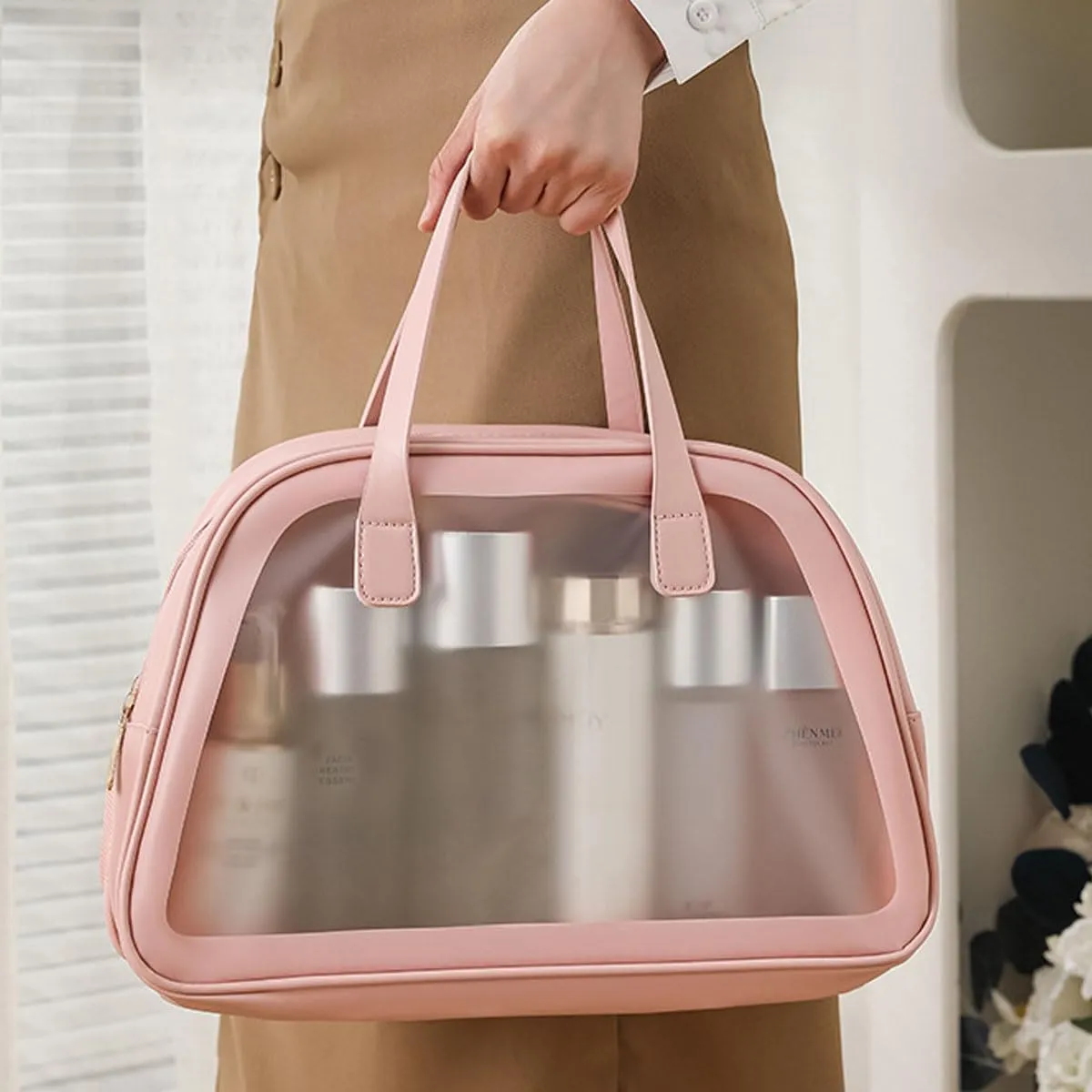 Simple and Large Capacity Dry Wet Separation Waterproof Cosmetic Bag Portable Leather Transparent Makeup Bag (Rose Pink)