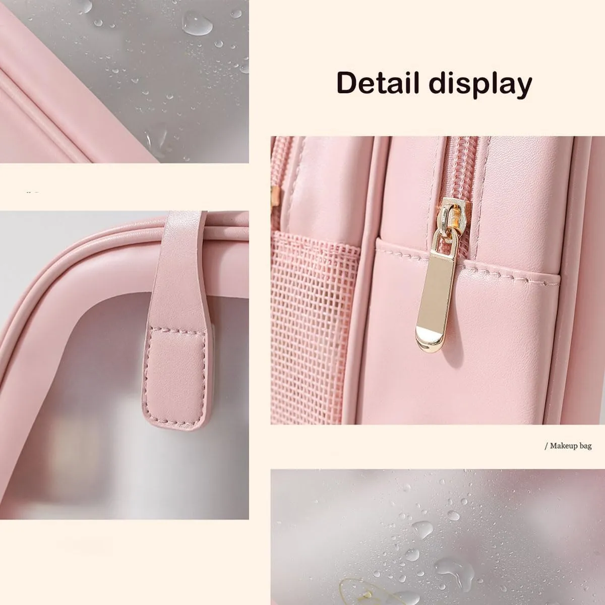 Simple and Large Capacity Dry Wet Separation Waterproof Cosmetic Bag Portable Leather Transparent Makeup Bag (Rose Pink)