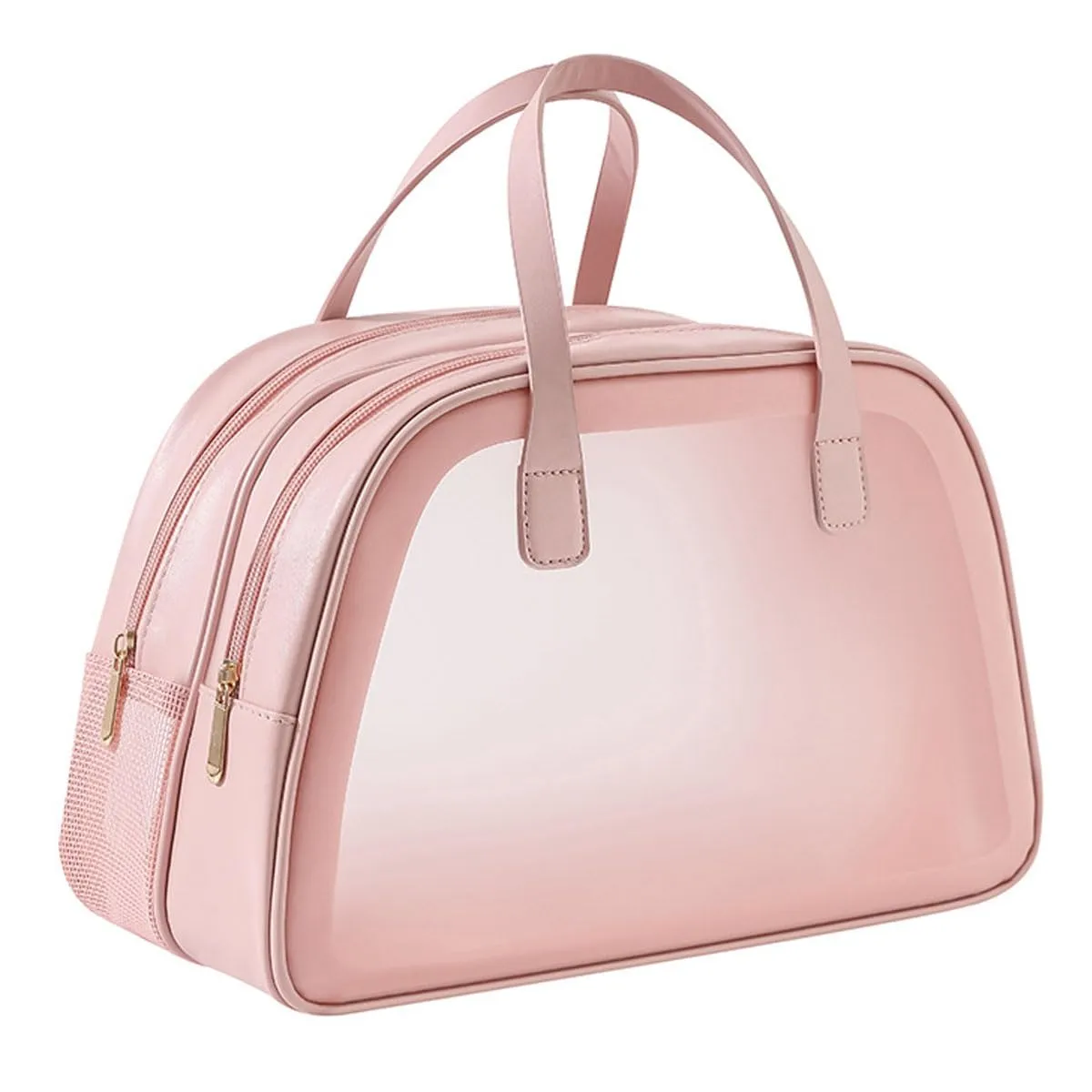 Simple and Large Capacity Dry Wet Separation Waterproof Cosmetic Bag Portable Leather Transparent Makeup Bag (Rose Pink)