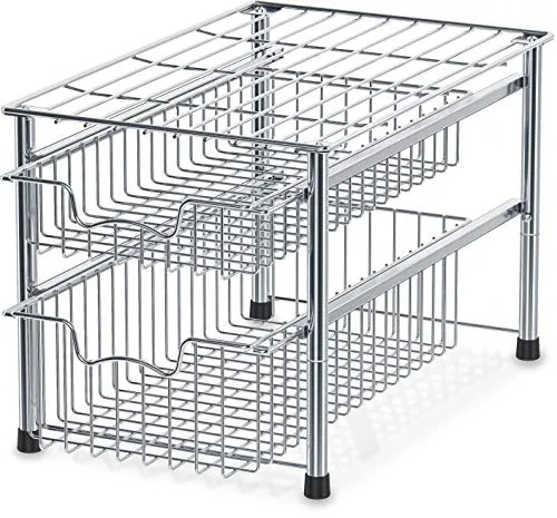 SimpleHouseware Stackable 2 Tier Sliding Basket Organizer Drawer, Chrome