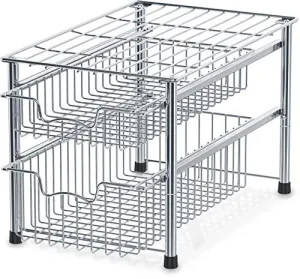 SimpleHouseware Stackable 2 Tier Sliding Basket Organizer Drawer, Chrome